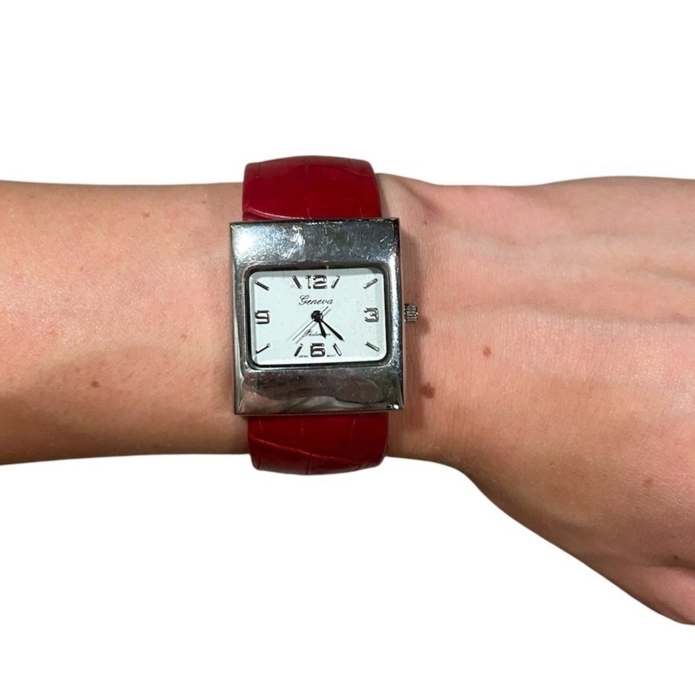 Geneva Platinum Womens Red Croc Cuff Watch Silver Tone Rectangular Face
